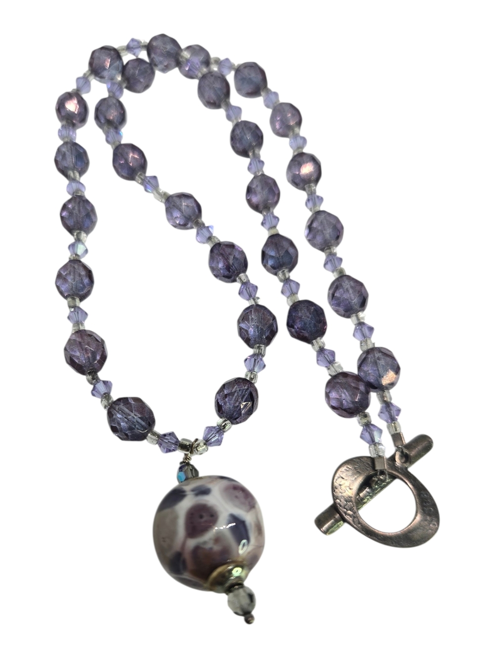 Swarovski Purple Crystal Bead Necklace with Ceramic Pendant Sterling Silver 925